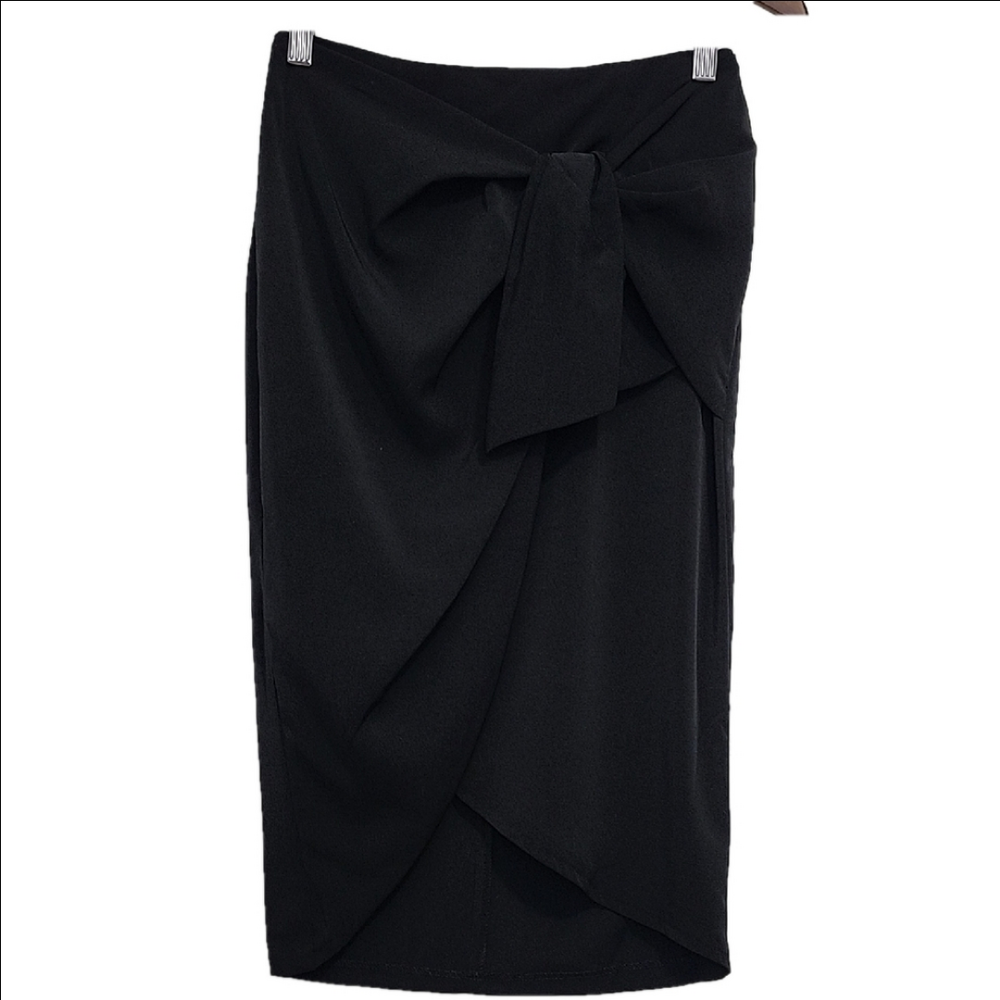 DYNAMITE Black bow wrap draped high waist midi skirt